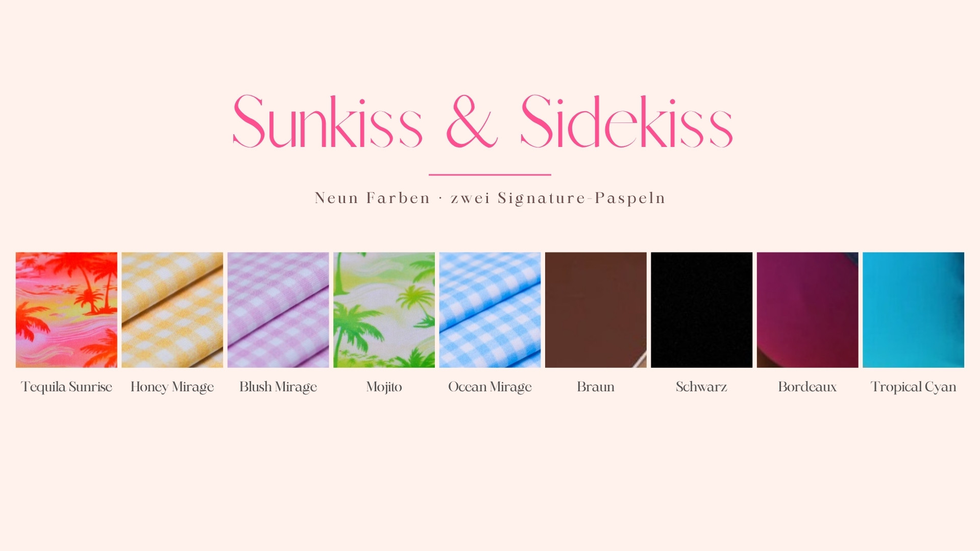 Farbkarte des Sunkiss & Sidekiss Bikini Sets: neun Farben