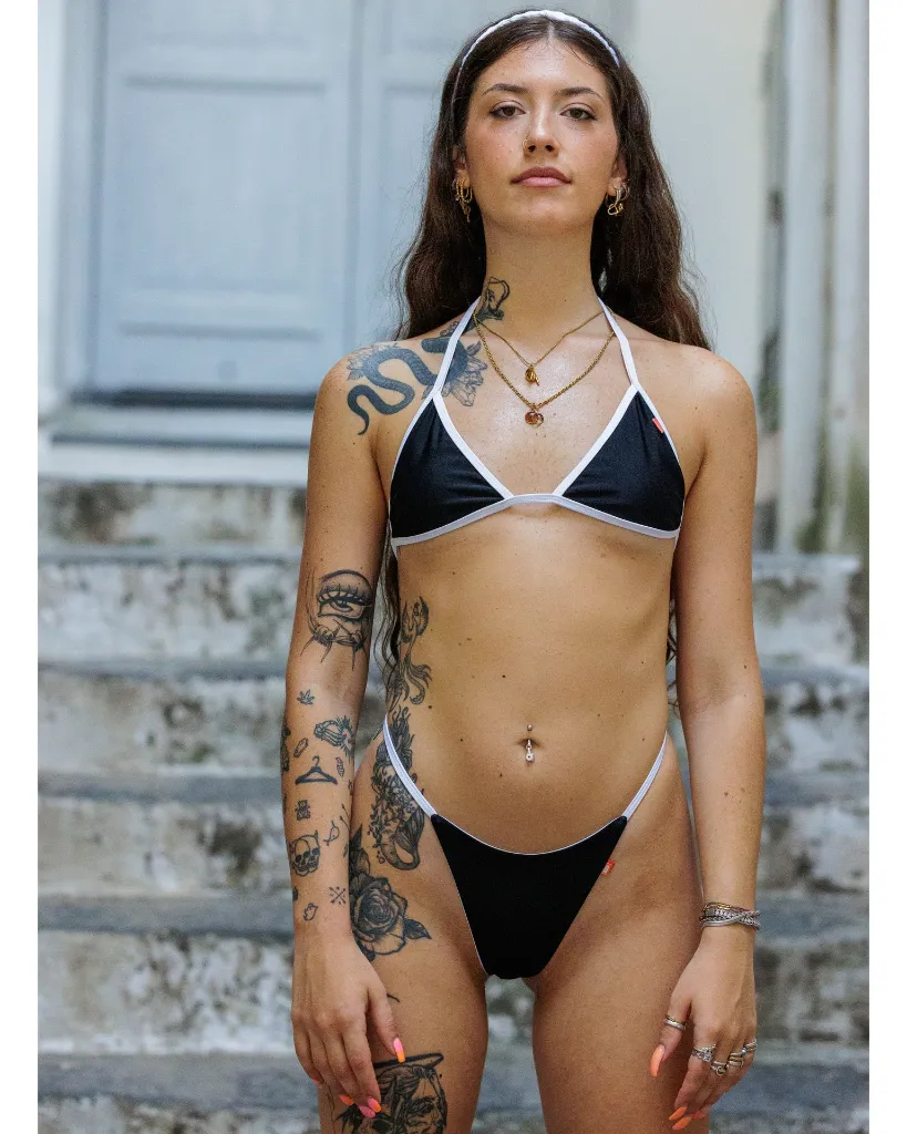 Black halter triangle & high leg thong bikini set with contrast trim